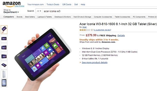 8インチWindows8タブレット『Acer Iconia W3』が米Amazonで予約開始、価格ほか