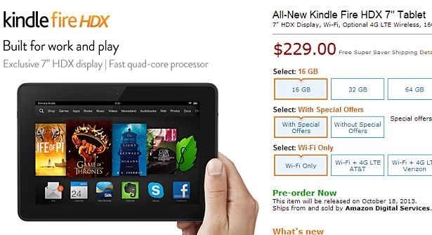 新型『Kindle Fire HDX 7』が予約開始、10/18発売―スペック表と価格
