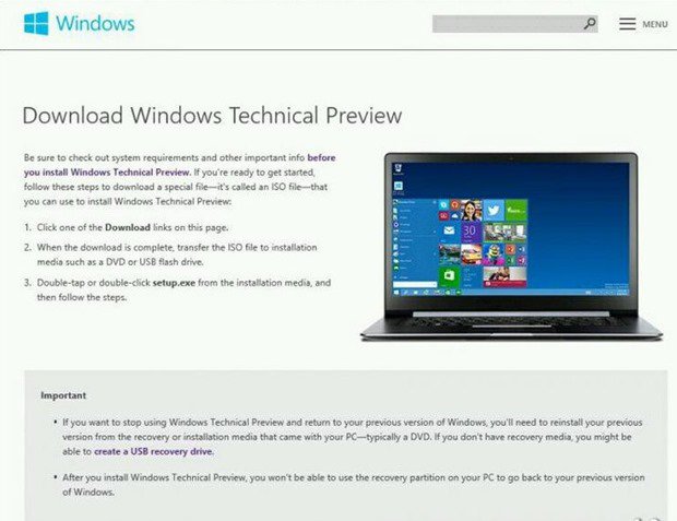 Windows Technical Previewインストール、空き領域4GB必要でリカバリーメディア必須